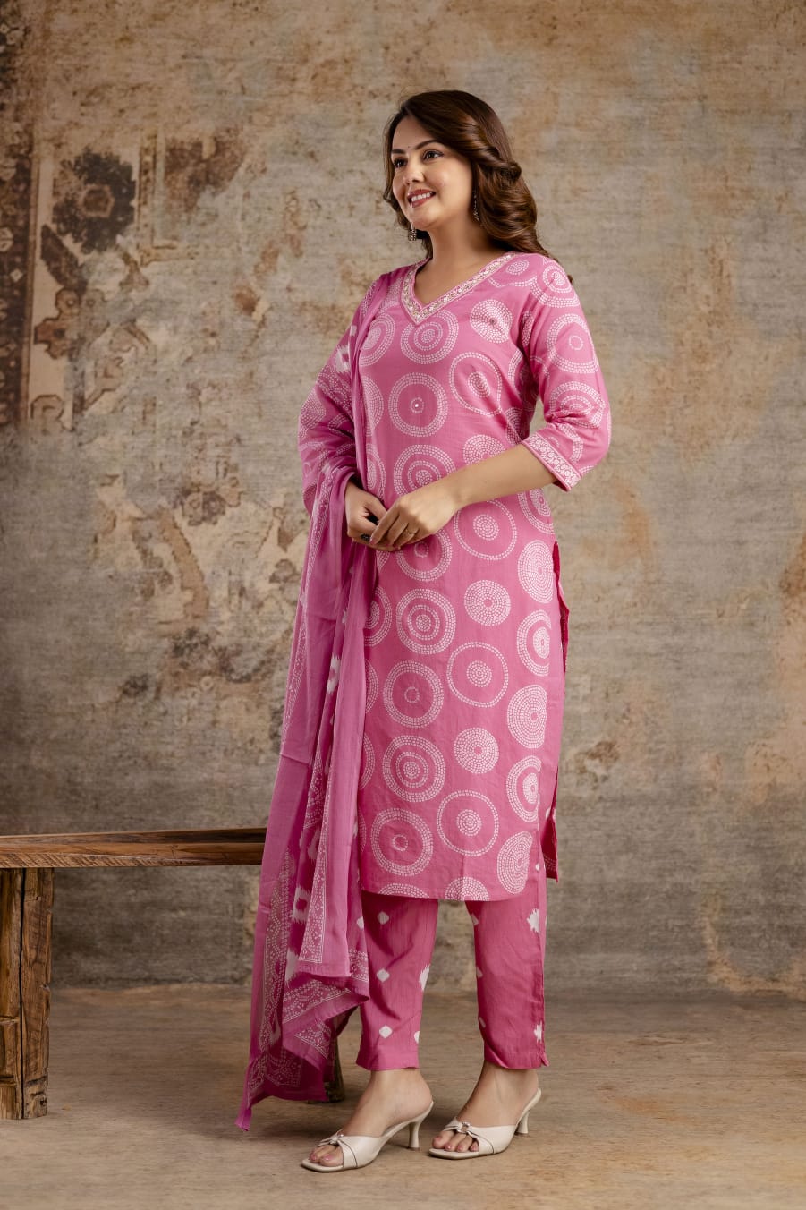 Purple Pure Cotton Suit Set with White Shibori Print