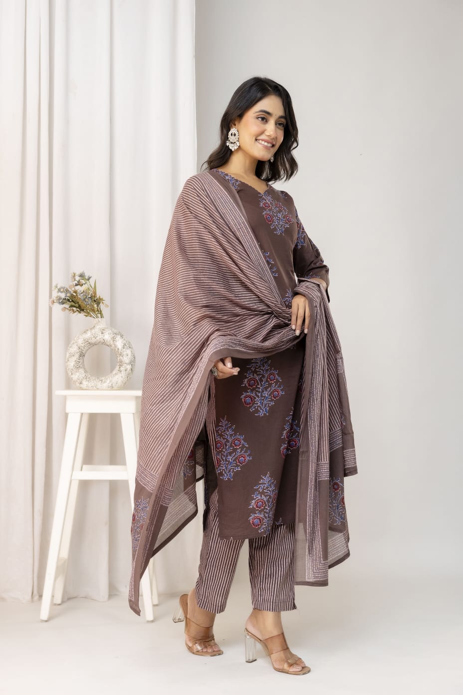 Olive Green Floral Printed Cotton Suit Set with Dupatta