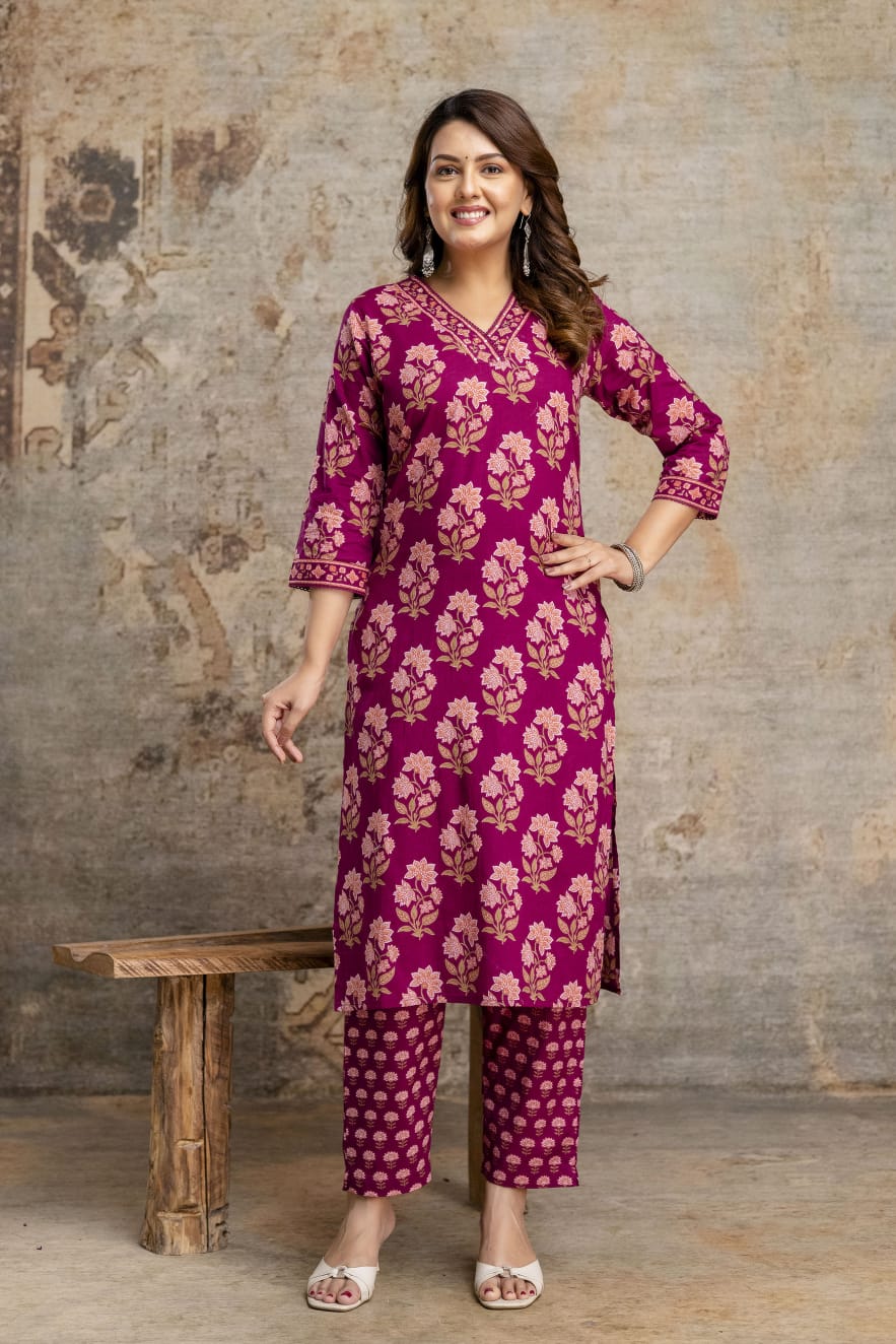 Women's Pink Sanganeri Handblock Cotton Suit Set with Printed Dupatta