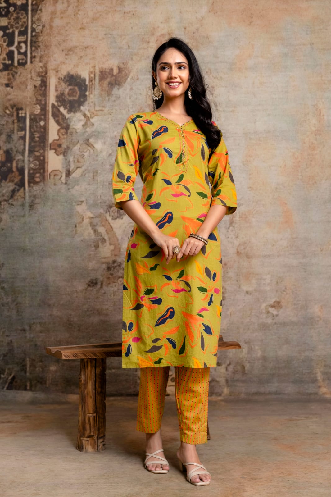 Lime Green Printed Cotton Kurta Set with Striped Pants & Dupatta