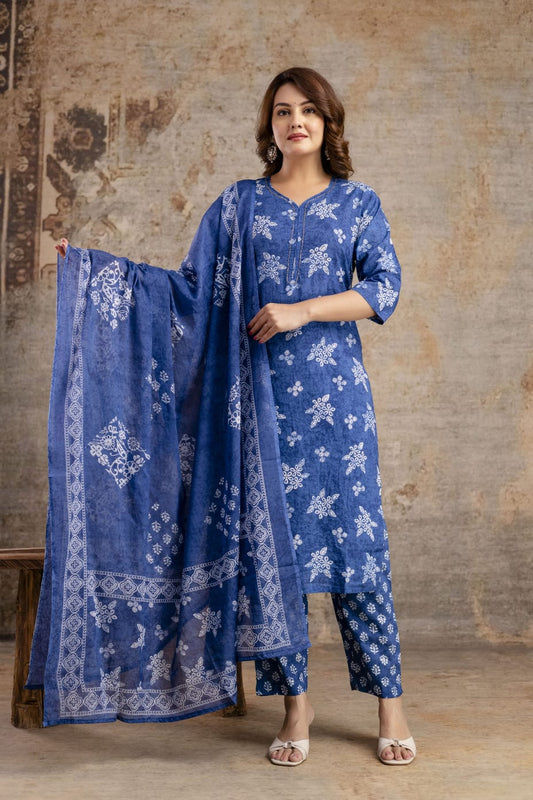 Indigo Blue Pure Cotton Suit Set with White Block Print & Dupatta
