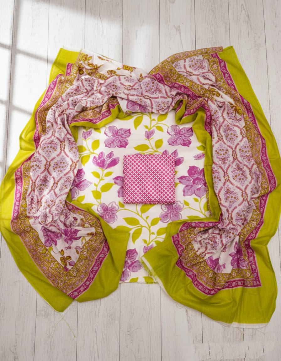 Vibrant Lime Green & Pink Floral Printed Cotton Suit Set with Mal cotton Dupatta