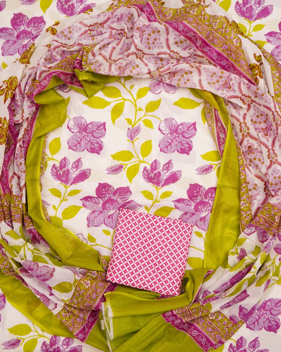 Vibrant Lime Green & Pink Floral Printed Cotton Suit Set with Mal cotton Dupatta