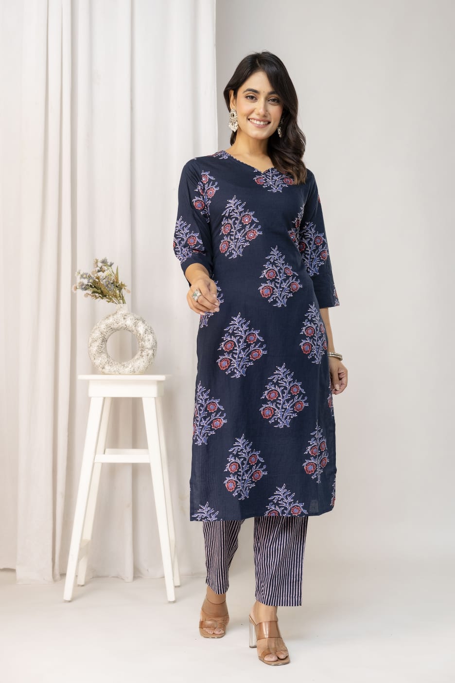 Olive Green Floral Printed Cotton Suit Set with Dupatta