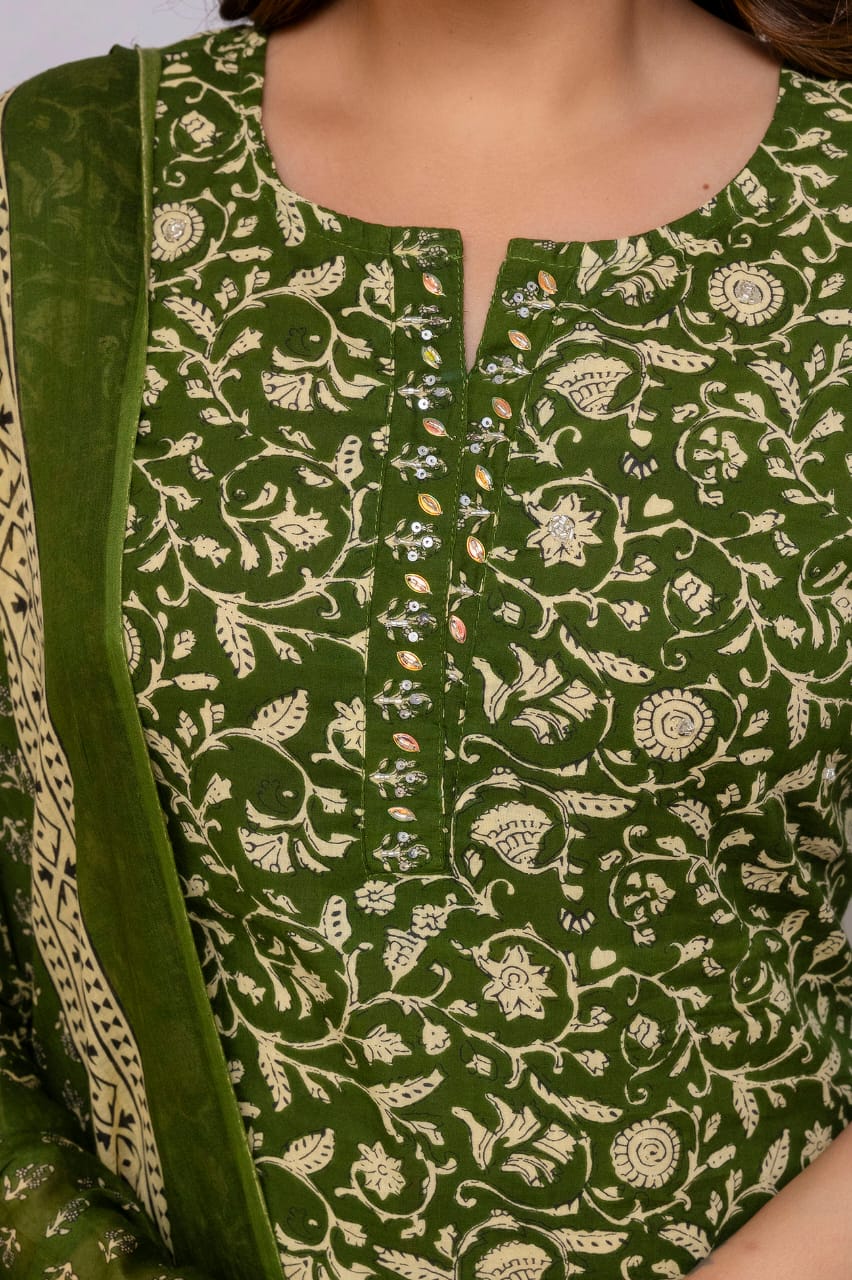 Olive Green Block Print Pure Cotton Suit Set with Border Dupatta
