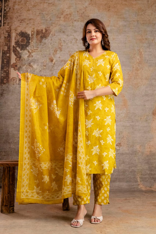 Mustard Yellow Pure Cotton Suit Set with White Block Print & Dupatta