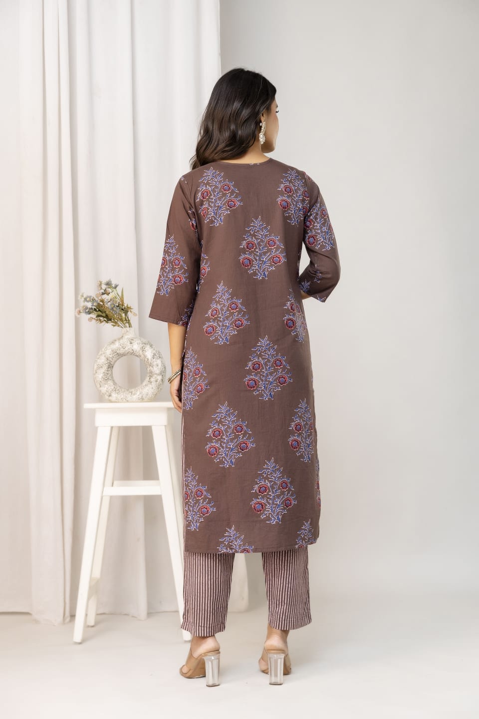 Olive Green Floral Printed Cotton Suit Set with Dupatta