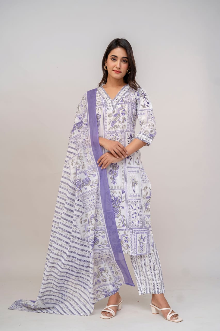Muted Pink & White Hand-Block Printed Cotton Suit Set with Dupatta