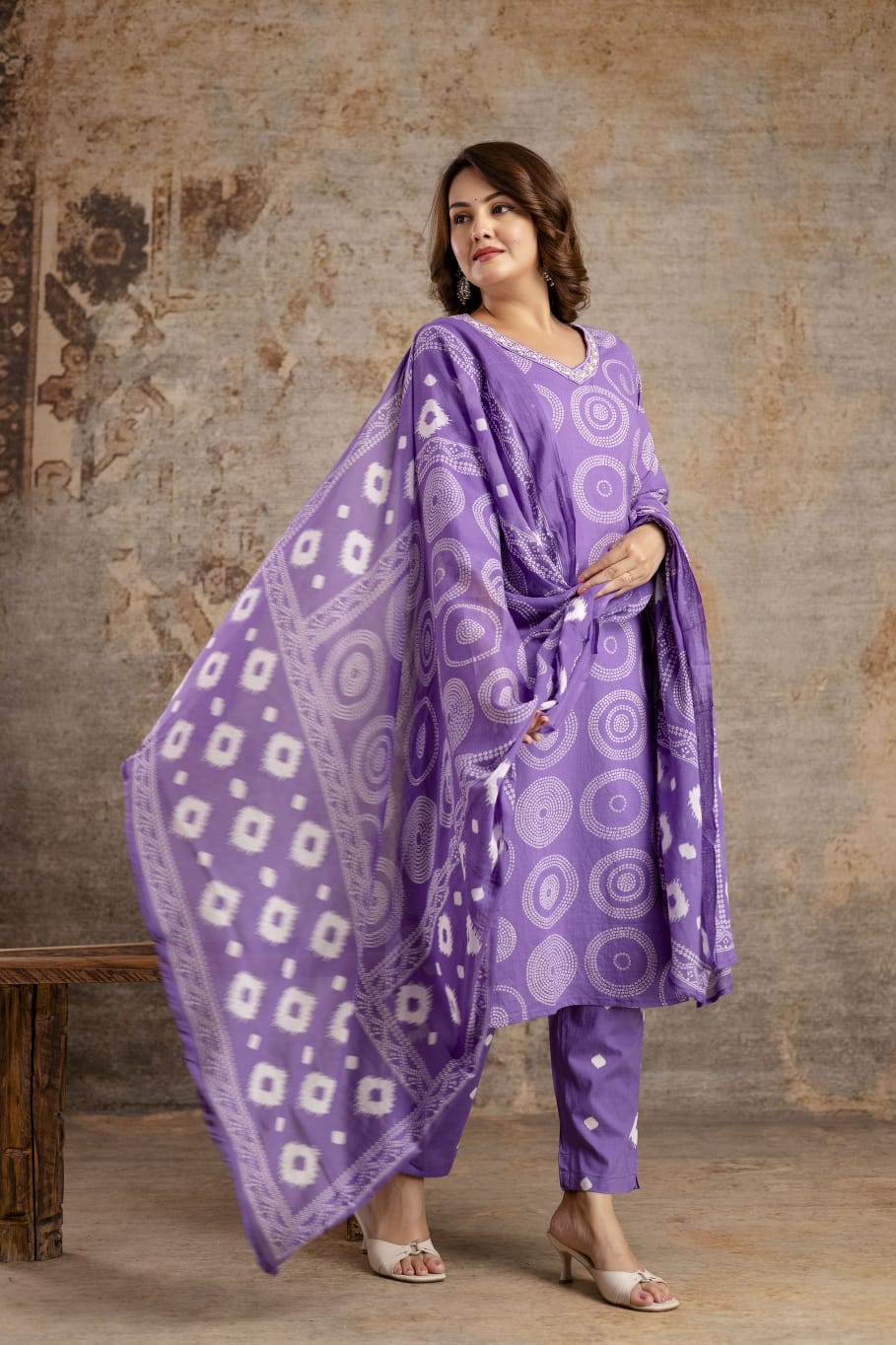 Purple Pure Cotton Suit Set with White Shibori Print