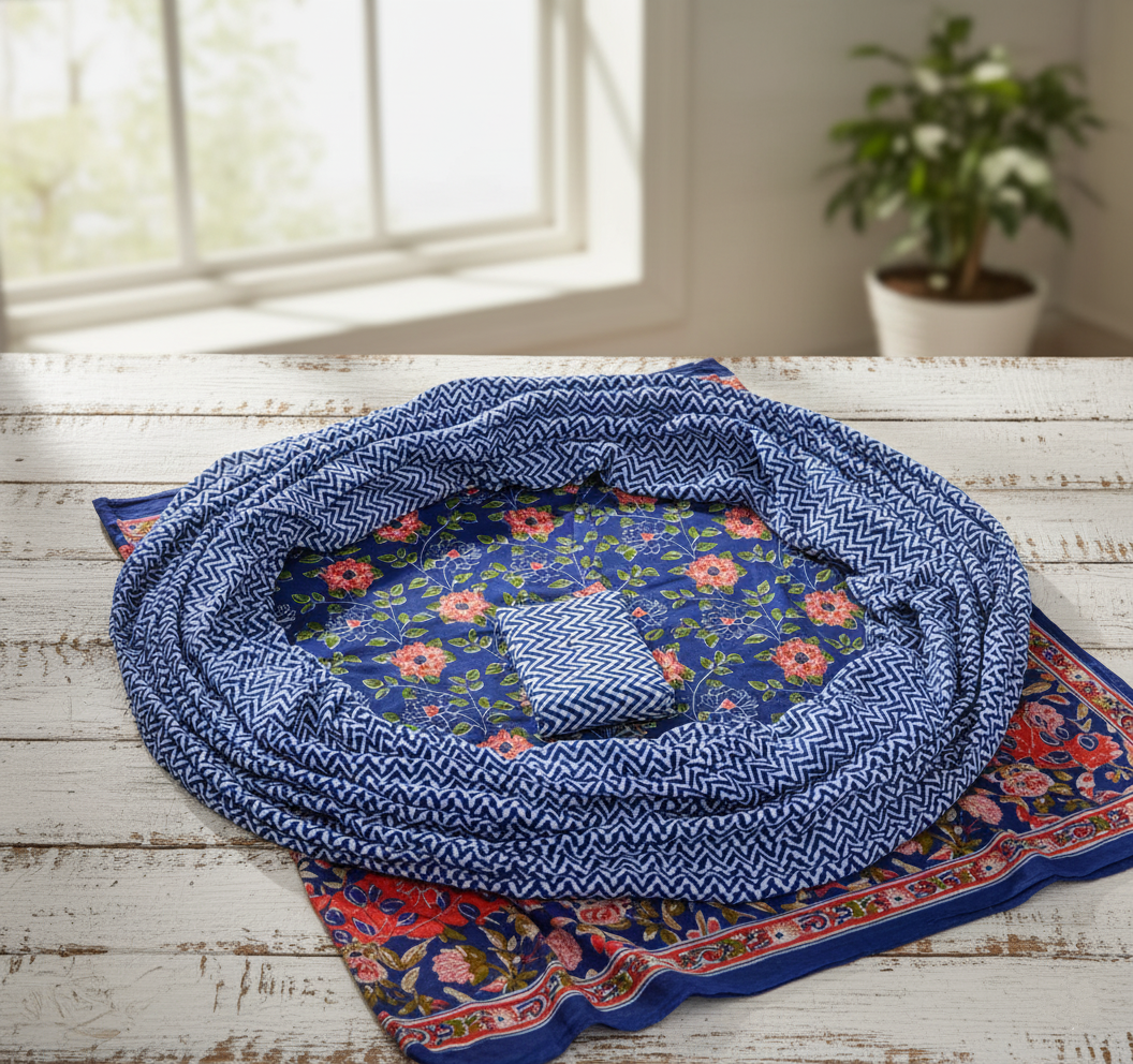 Sanganeri Floral Printed Cotton Suit Set | Jaipur Hand Block Unstitched Dress Material for Women | with Mal-Mal Cotton Dupatta