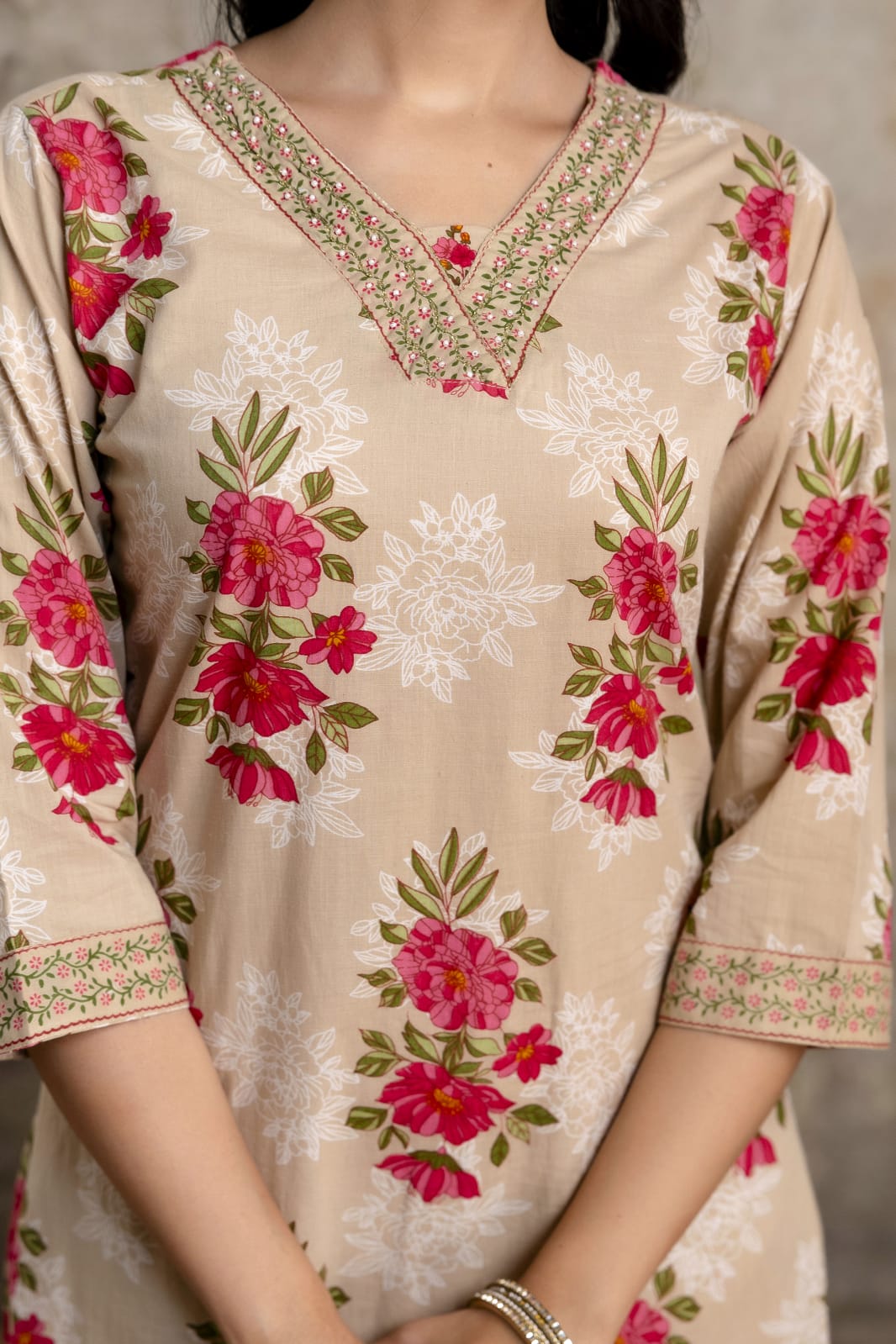 Beige Pure Cotton Suit Set with Pink Floral Block Print