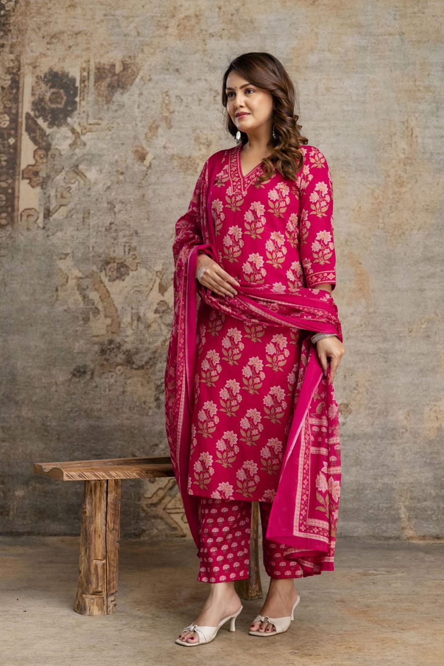 Women's Pink Sanganeri Handblock Cotton Suit Set with Printed Dupatta