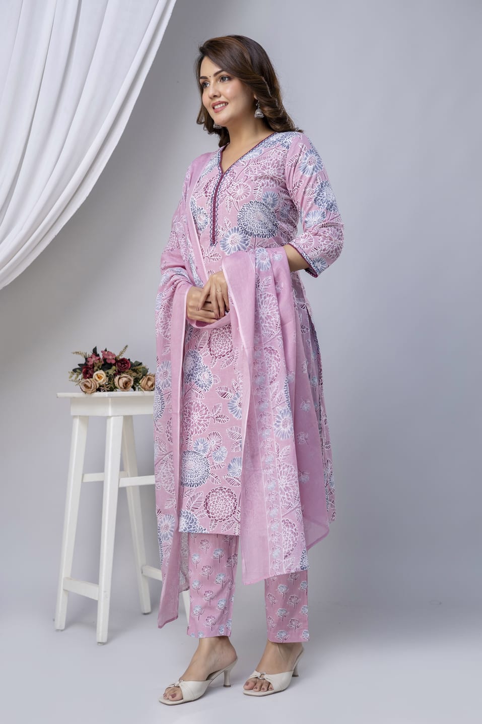Women's Pastel Pink & Lavender Floral Printed Pure Cotton Kurta Set with Dupatta