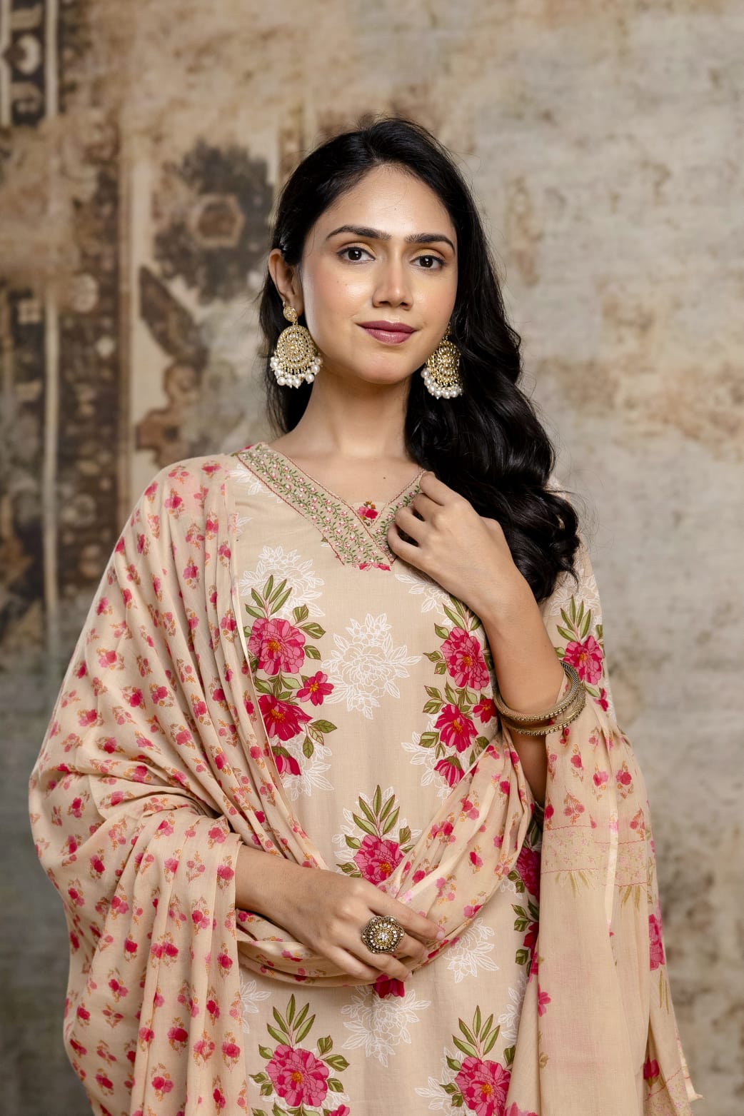 Beige Pure Cotton Suit Set with Pink Floral Block Print