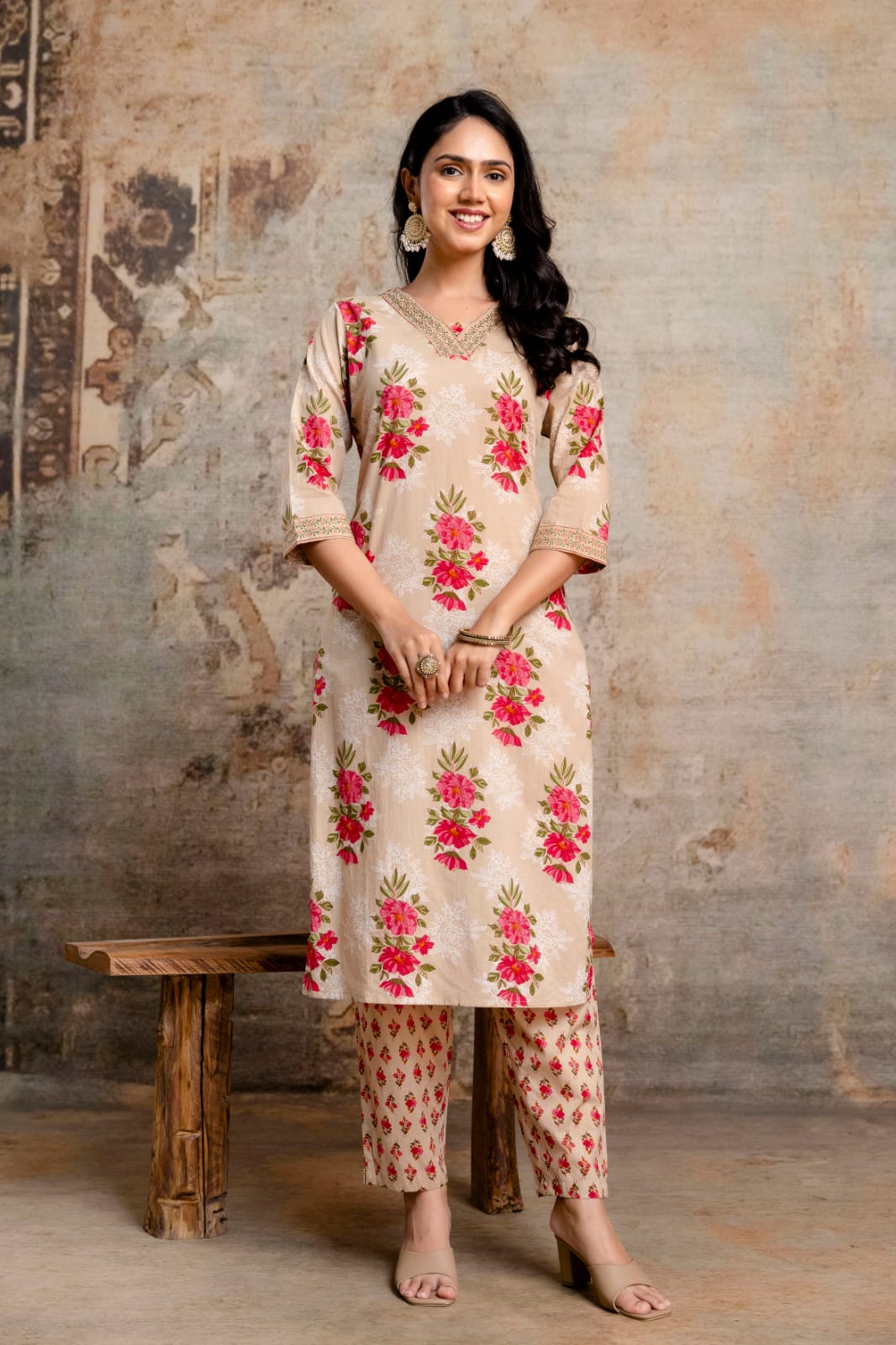 Beige Pure Cotton Suit Set with Pink Floral Block Print