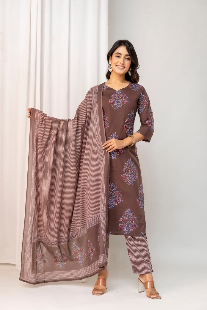 Olive Green Floral Printed Cotton Suit Set with Dupatta