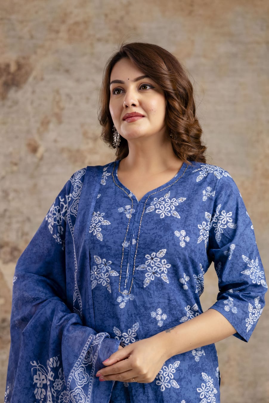 Indigo Blue Pure Cotton Suit Set with White Block Print & Dupatta