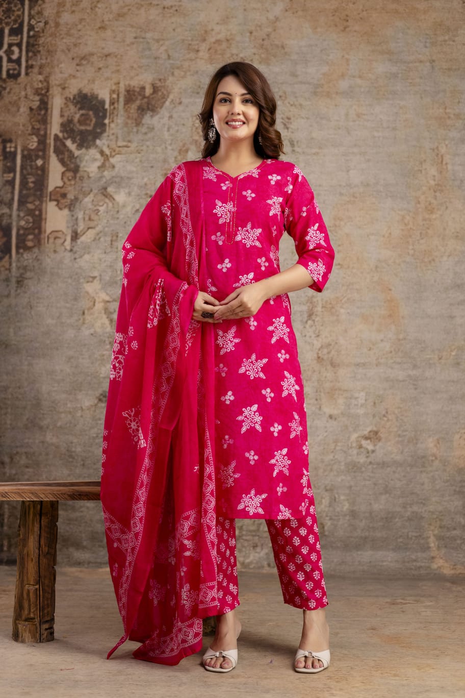 Indigo Blue Pure Cotton Suit Set with White Block Print & Dupatta