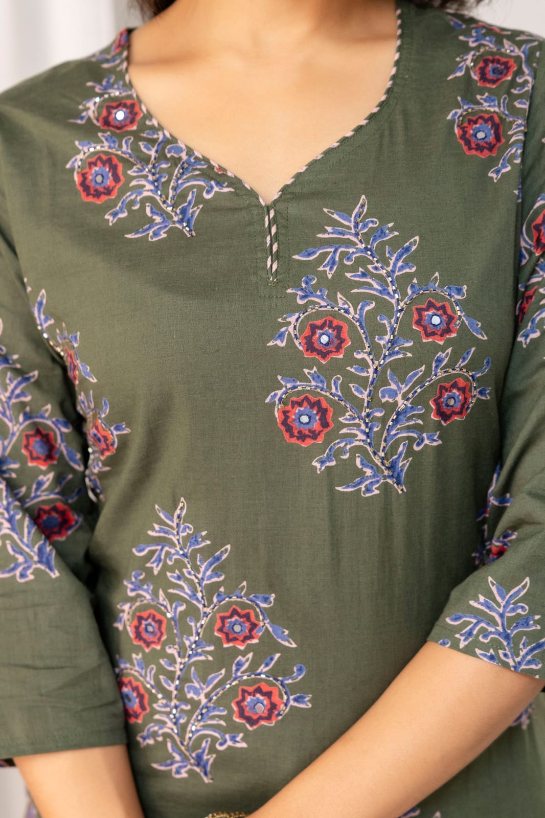 Olive Green Floral Printed Cotton Suit Set with Dupatta