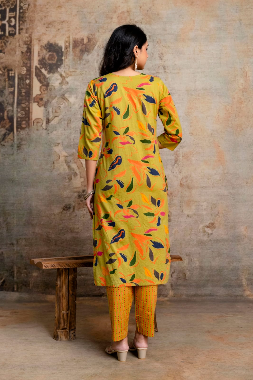 Lime Green Printed Cotton Kurta Set with Striped Pants & Dupatta