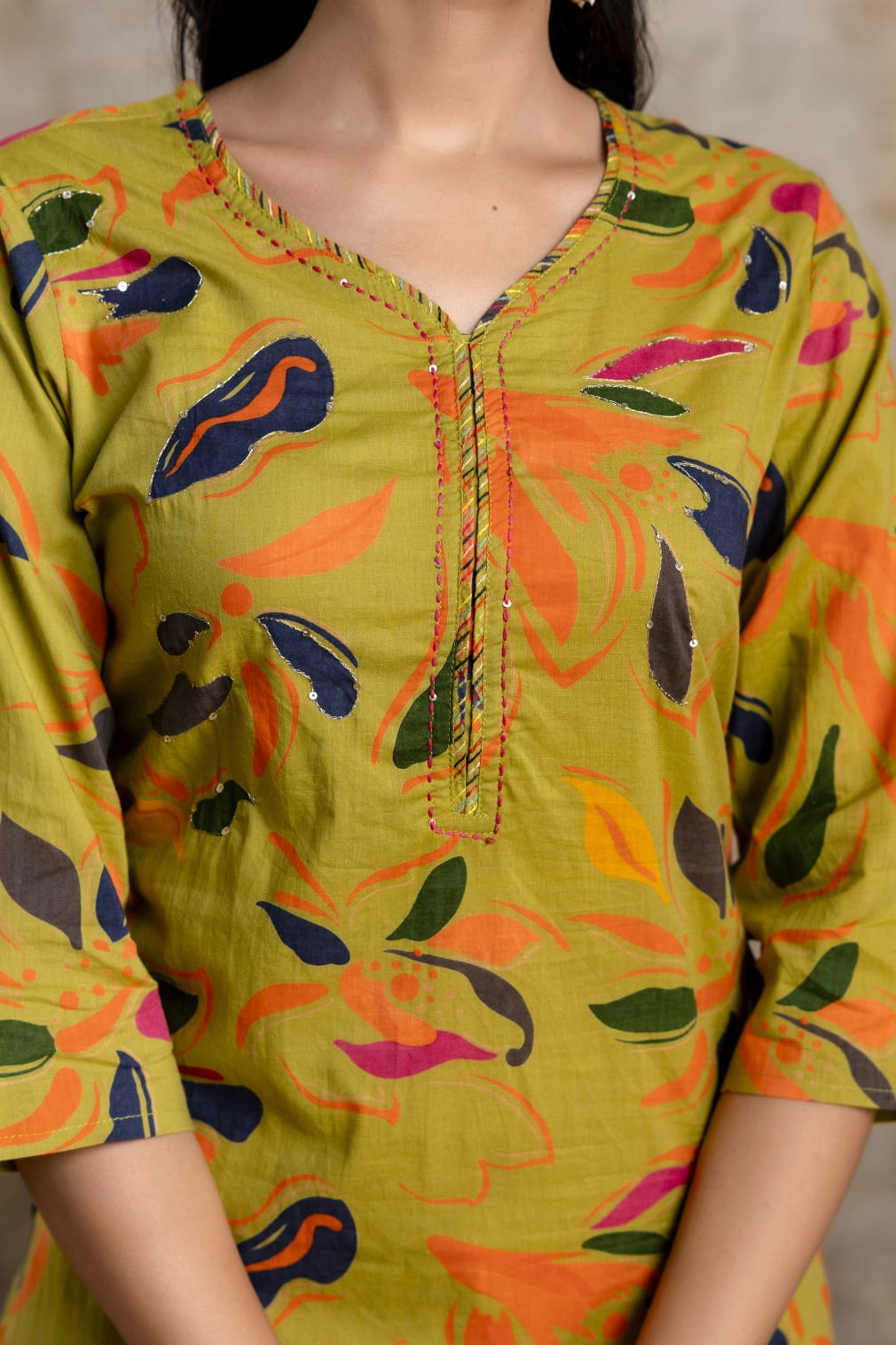 Lime Green Printed Cotton Kurta Set with Striped Pants & Dupatta