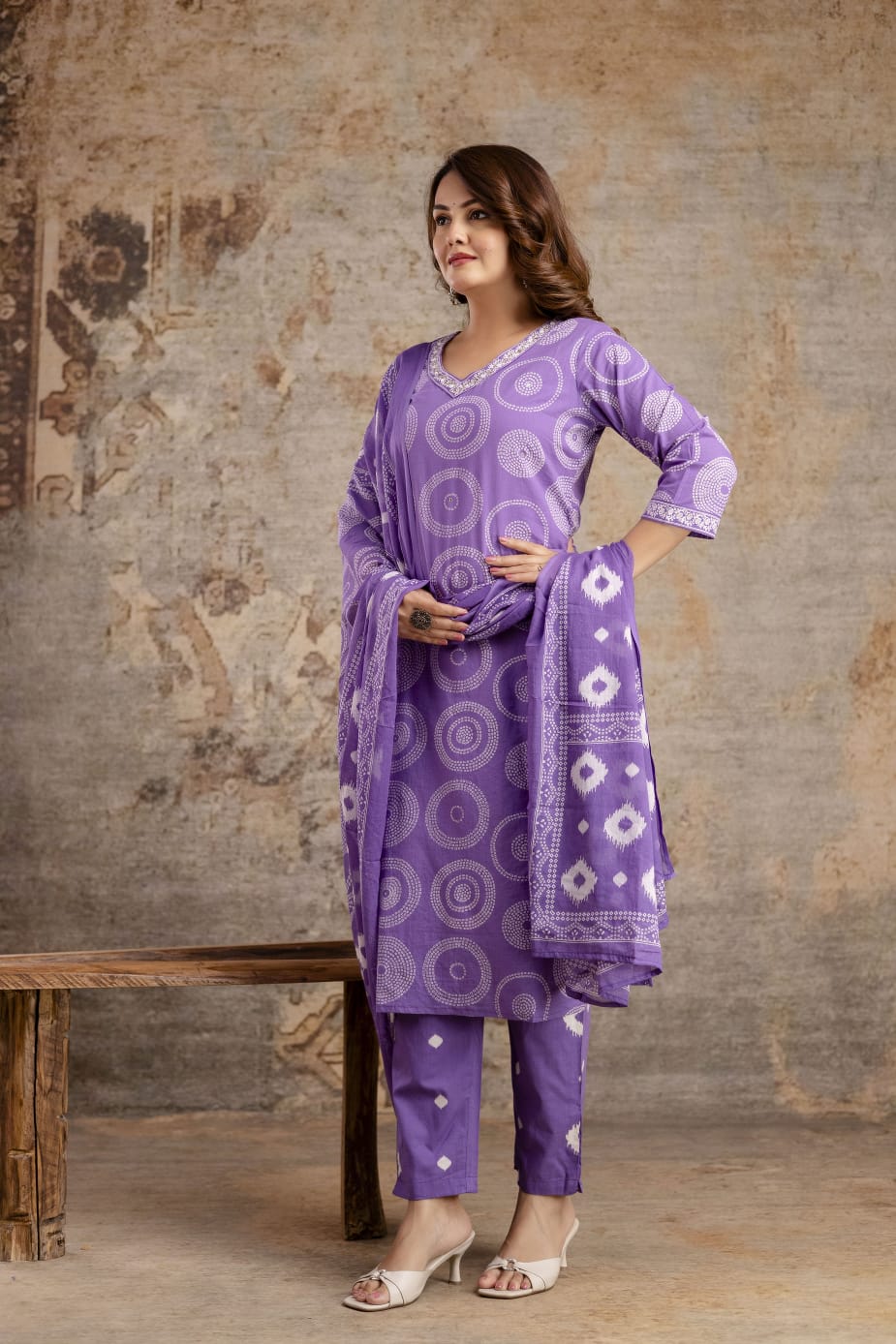 Purple Pure Cotton Suit Set with White Shibori Print