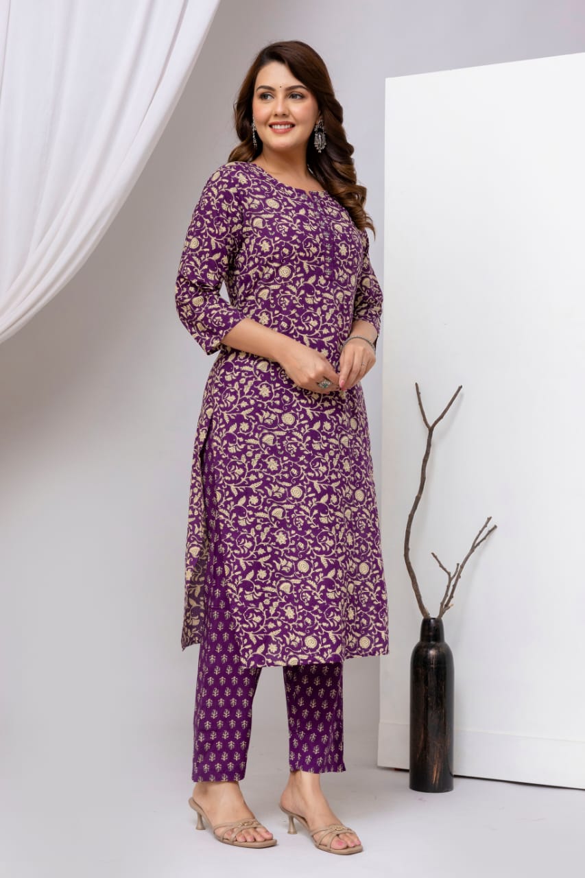 Olive Green Block Print Pure Cotton Suit Set with Border Dupatta