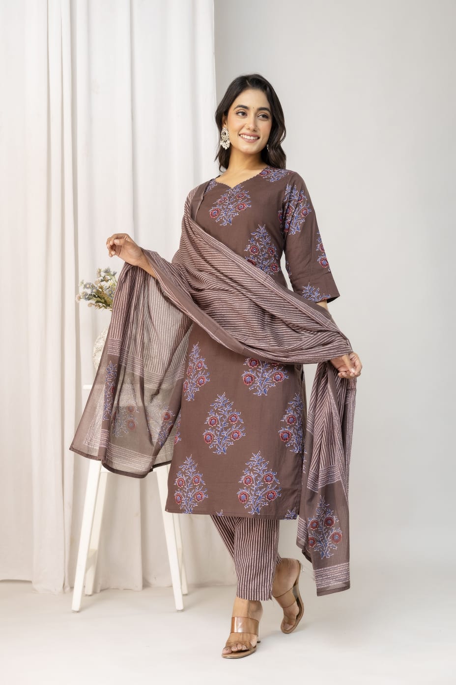 Olive Green Floral Printed Cotton Suit Set with Dupatta