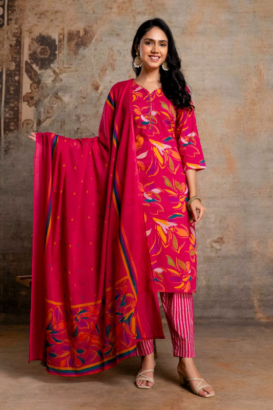 Vibrant Floral Printed Cotton Kurta Set with Striped Pants & Dupatta