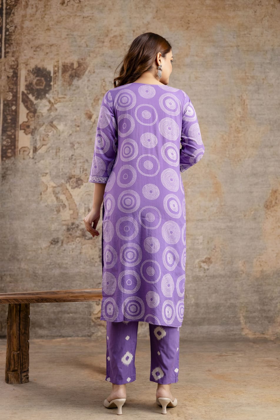 Purple Pure Cotton Suit Set with White Shibori Print