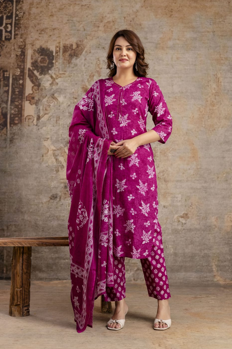 Indigo Blue Pure Cotton Suit Set with White Block Print & Dupatta