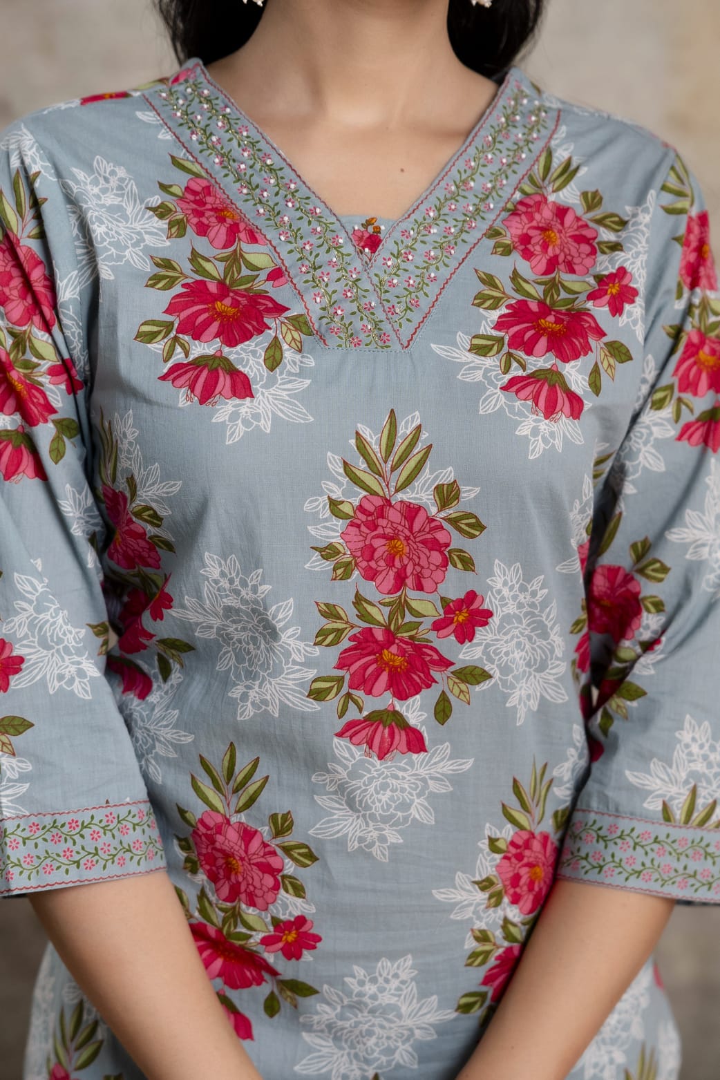 Beige Pure Cotton Suit Set with Pink Floral Block Print