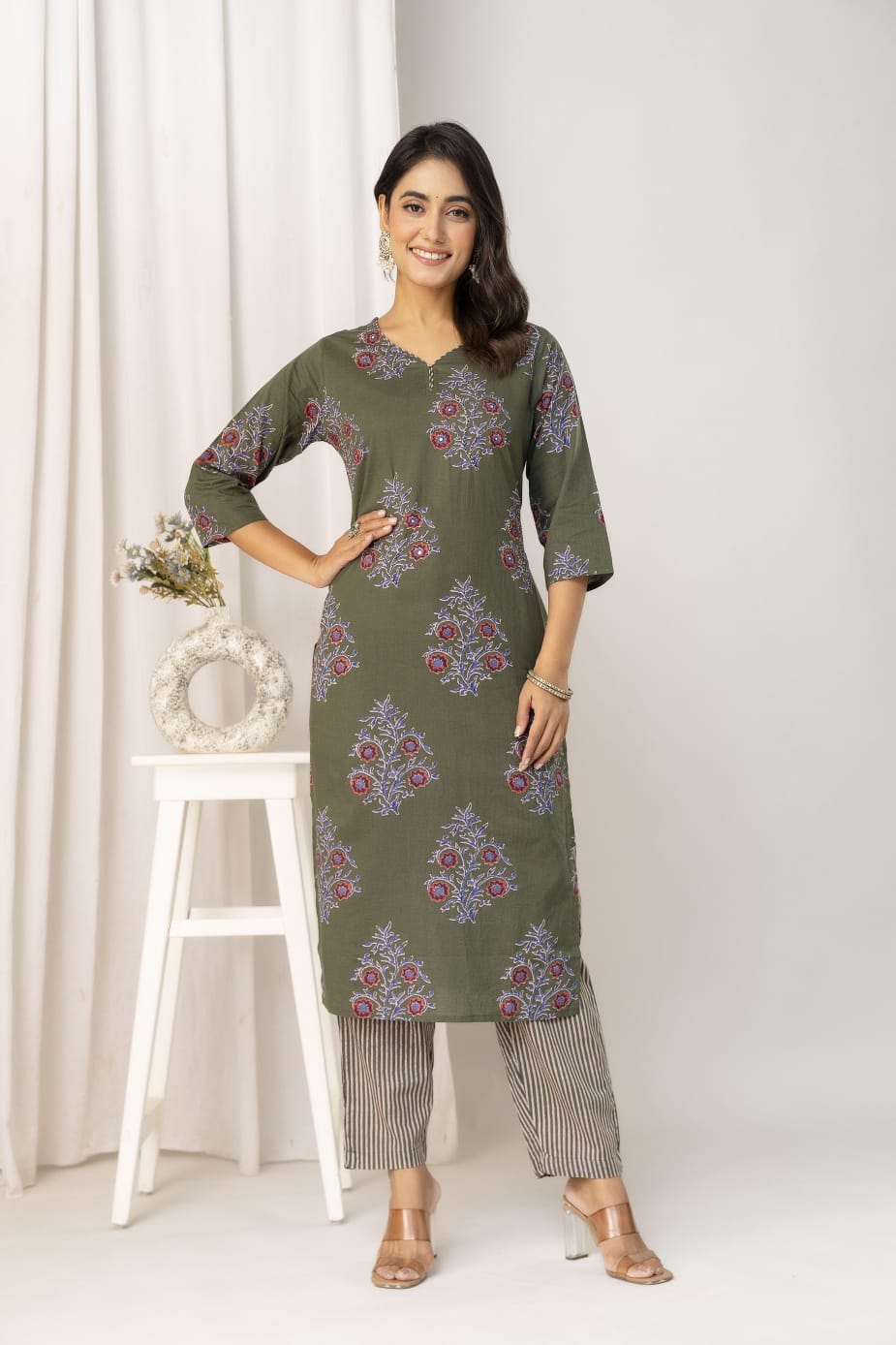 Olive Green Floral Printed Cotton Suit Set with Dupatta