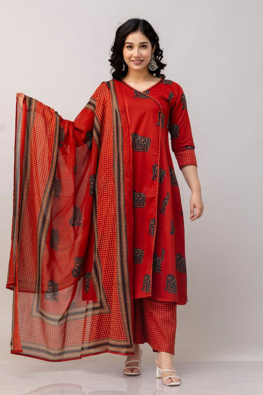 Red and Black Angrakha-Style Printed Kurta Set