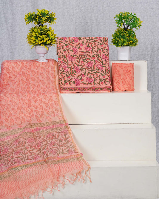 Peach Pink Sanganeri Hand Block Printed Cotton Suit Set – Kota Doriya With Jari Border Dupatta
