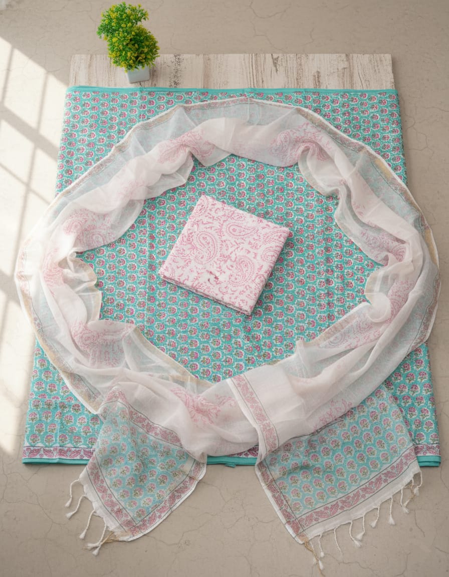 Elegant Aqua Floral Handblock Cotton Suit Set - Kota Doriya Dupatta with Zari Border