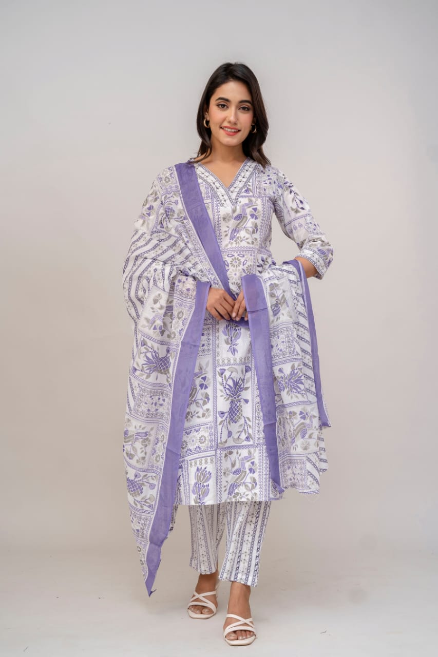 Muted Pink & White Hand-Block Printed Cotton Suit Set with Dupatta