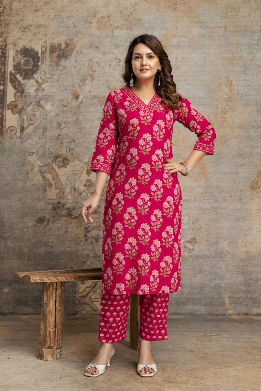 Women's Pink Sanganeri Handblock Cotton Suit Set with Printed Dupatta