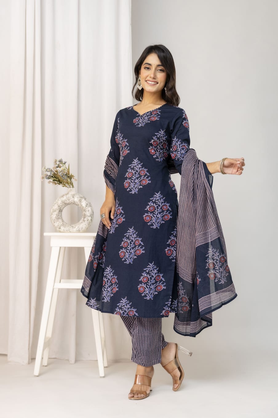Olive Green Floral Printed Cotton Suit Set with Dupatta