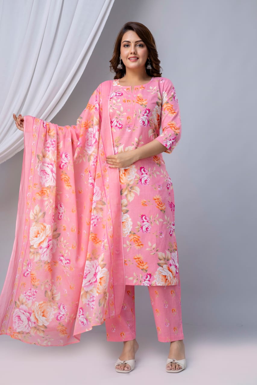 Women's Pastel Lavender Cotton Kurta Suit Set with Large Rose Floral Print & Matching Dupatta
