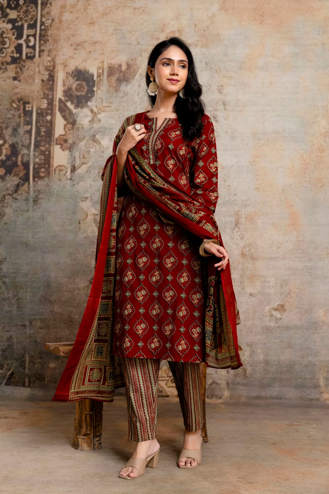 Olive Green Printed Cotton Kurta Set, Contrasting Striped Pants with Detailed Border Dupatta