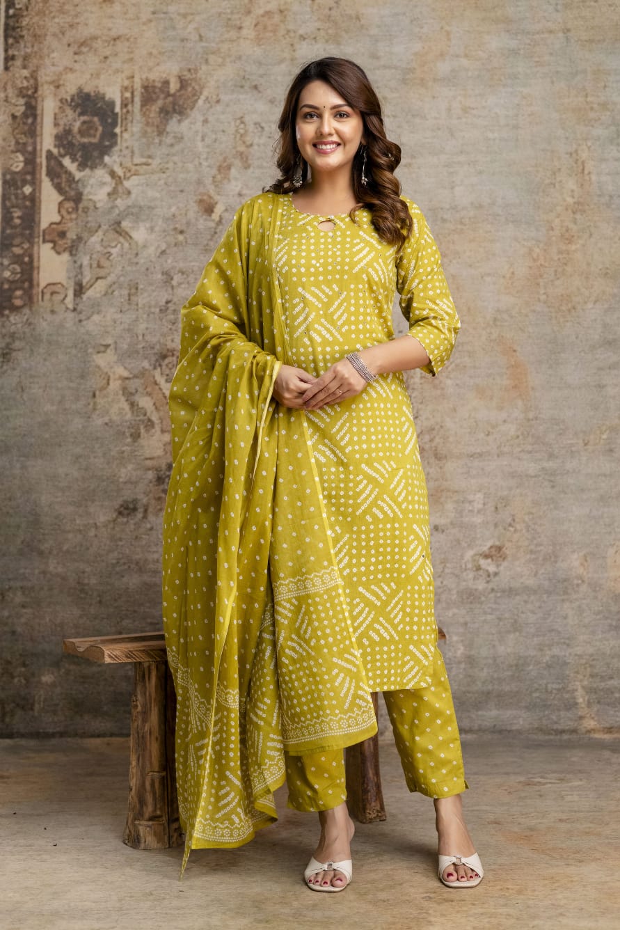 Women's Mustard Bandhani Cotton Kurta with Printed Pant – Daily & Office Wear Suit Set