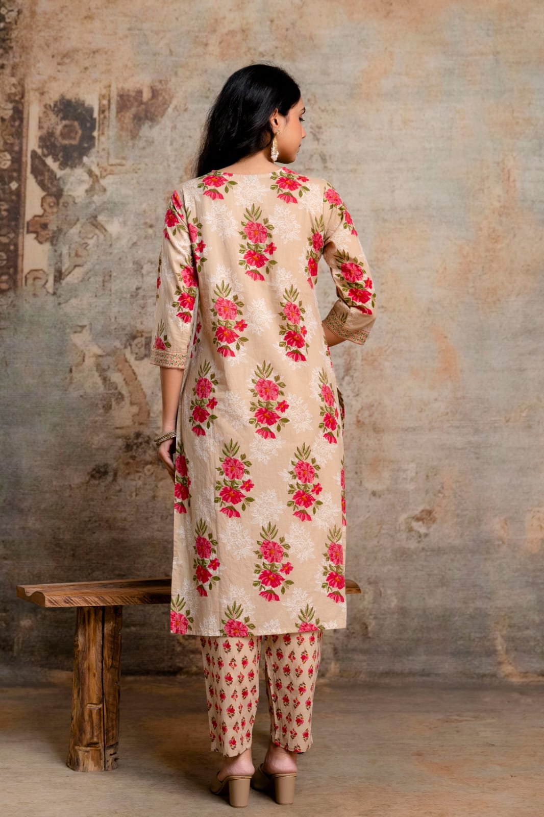 Beige Pure Cotton Suit Set with Pink Floral Block Print