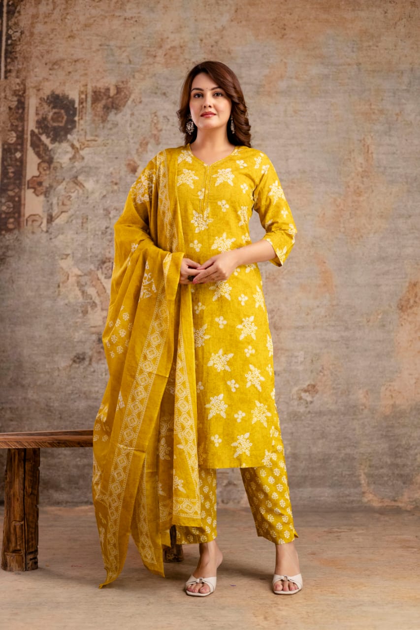 Indigo Blue Pure Cotton Suit Set with White Block Print & Dupatta