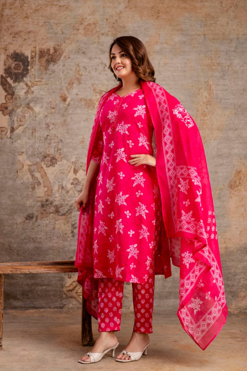 Indigo Blue Pure Cotton Suit Set with White Block Print & Dupatta