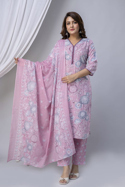 Women's Pastel Pink & Lavender Floral Printed Pure Cotton Kurta Set with Dupatta