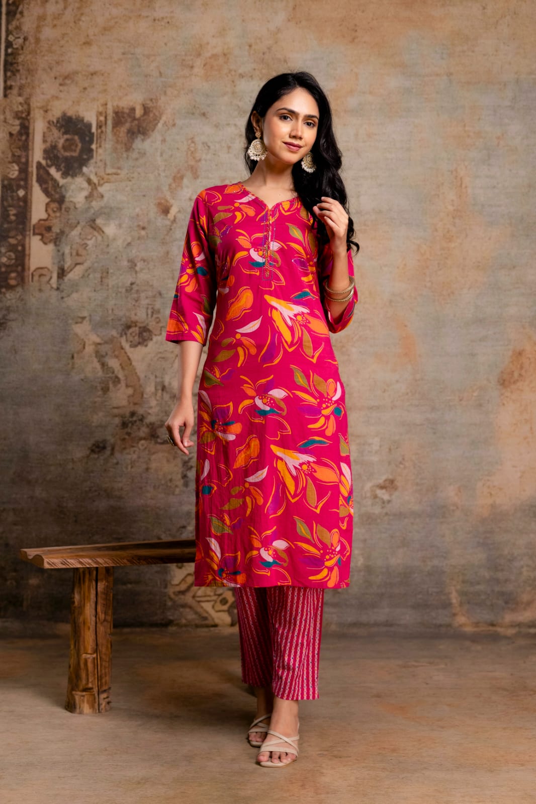 Lime Green Printed Cotton Kurta Set with Striped Pants & Dupatta