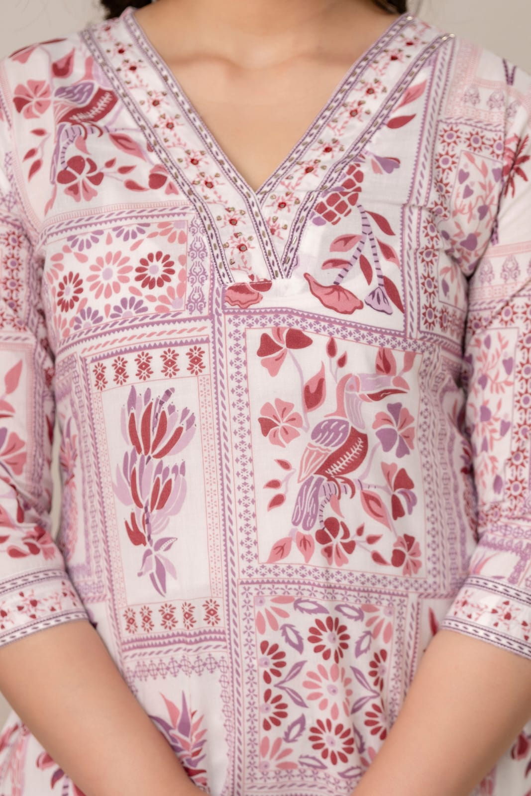 Muted Pink & White Hand-Block Printed Cotton Suit Set with Dupatta