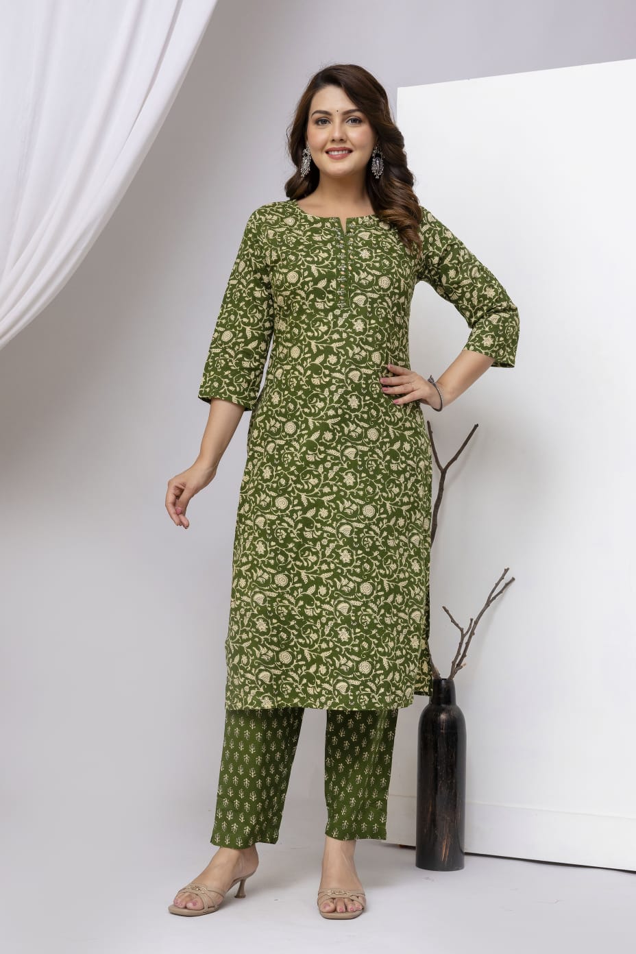Olive Green Block Print Pure Cotton Suit Set with Border Dupatta