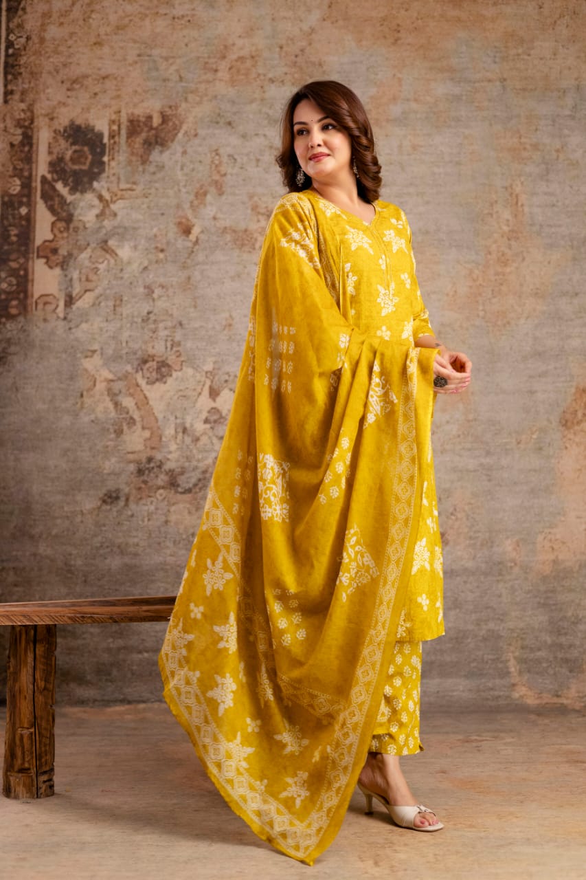 Indigo Blue Pure Cotton Suit Set with White Block Print & Dupatta